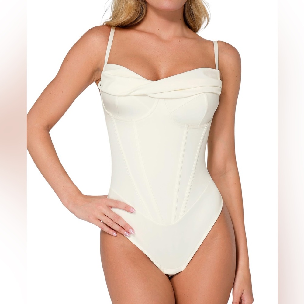 NWT Popilush Off White Corset Cowl‎ Neck Thong Bodysuit Shapewear – S/M & XXL